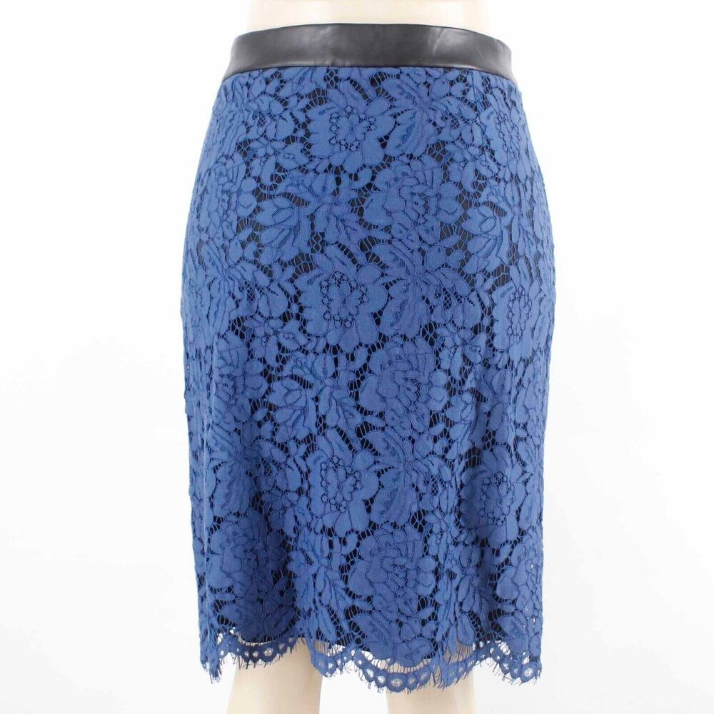 Brixon Ivy Sz L Blue Black Lace Overlay PU Trim Lined Rayon Blend Pencil Skirt - Picture 2 of 5
